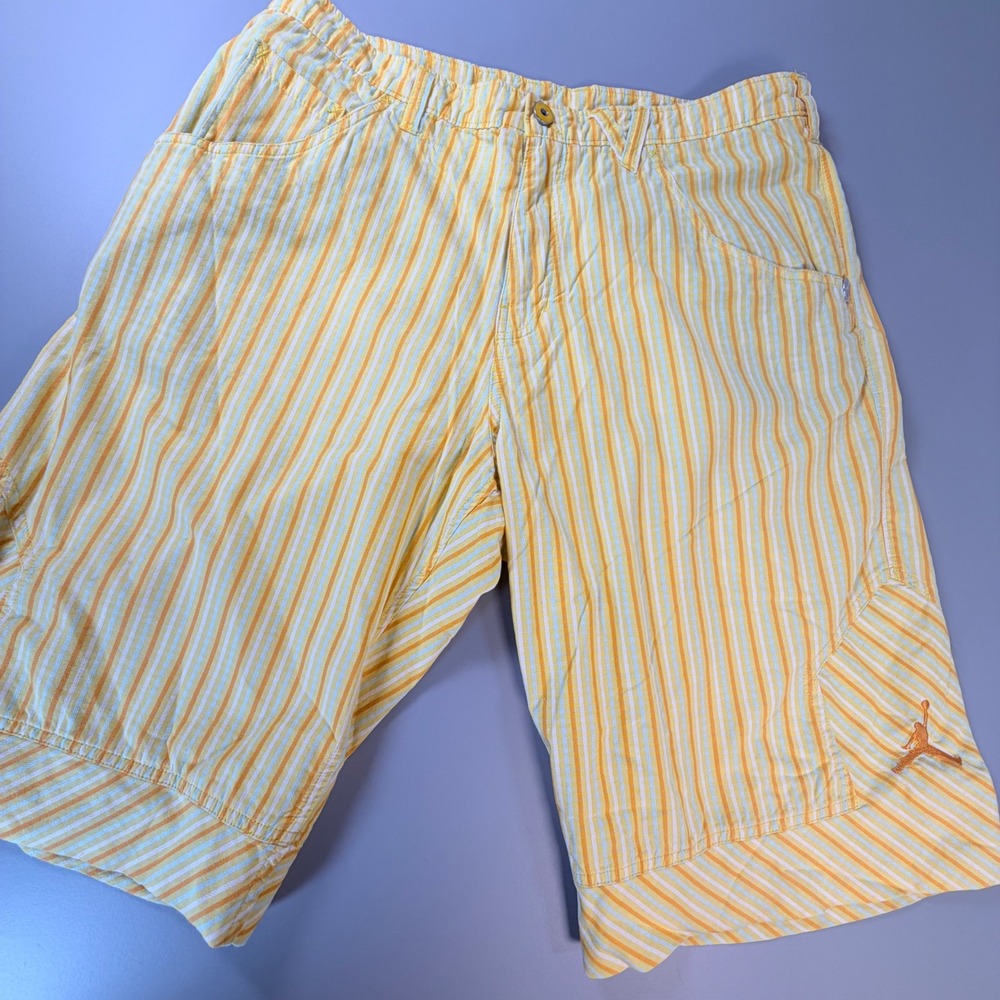 Jordan Seersucker Shorts Mens 36 Yellow Orange Striped Good Jumpman Wings Pin‎